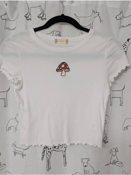 Altar'd State Tops - Altar’d State Womens Y2K Mushroom Baby Tee Crop White Ribbed 90s Clueless Medium